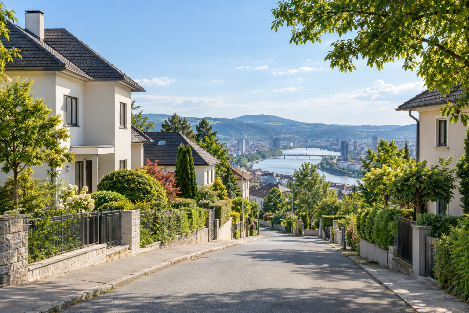 Wohnstraße am Hang mit Gärten und weitem Flussblick